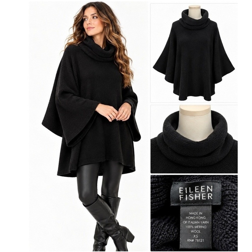 Eileen Fisher Turtleneck Sweater Black 100% Merino Wool Quiet Luxury Timeless M